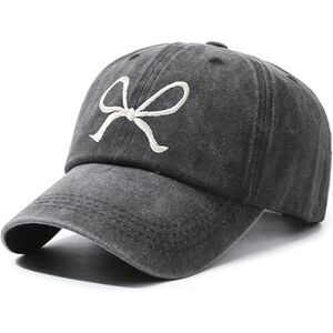 Unisex Black Washed Embroidered Bow Tie 100% Cotton Adjustable Fit Baseball Cap